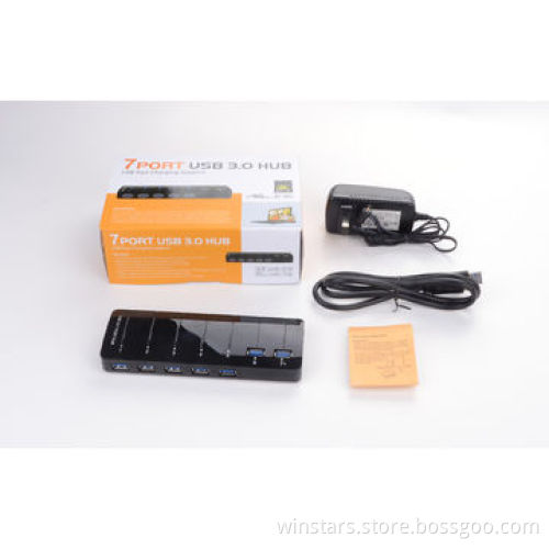 Super Speed USB 3.0 7 Port Hub with Power Adapter Compliant with USB Battery Charging